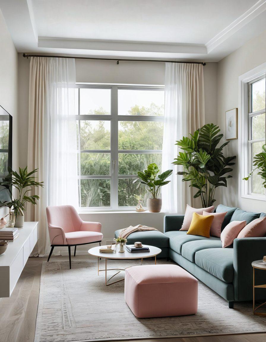 A beautifully styled living space showcasing contemporary furniture with elegant lines, soft pastel colors, and artistic décor elements. Add a cozy reading nook with a large window letting in natural light, and introduce lush indoor plants for a touch of nature. Include subtle hints of luxury through unique accessories and textiles. super-realistic. vibrant colors. minimalistic design.