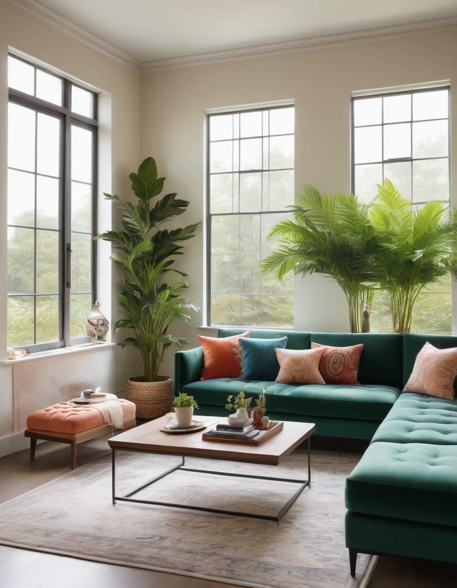 A beautifully styled living space featuring Lihp's elegant furniture and decor. Soft natural light streaming through large windows, highlighting the intricate textures and colors of the designs. A cozy seating area with plush cushions, stylish art pieces, and green plants for a refreshing touch. Subtle hints of luxury with a modern aesthetic. super-realistic. vibrant colors..